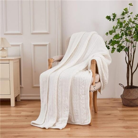 Longhui bedding Acrylic White Cable Knit Sherpa Throw Blanket - Picture 3 of 7